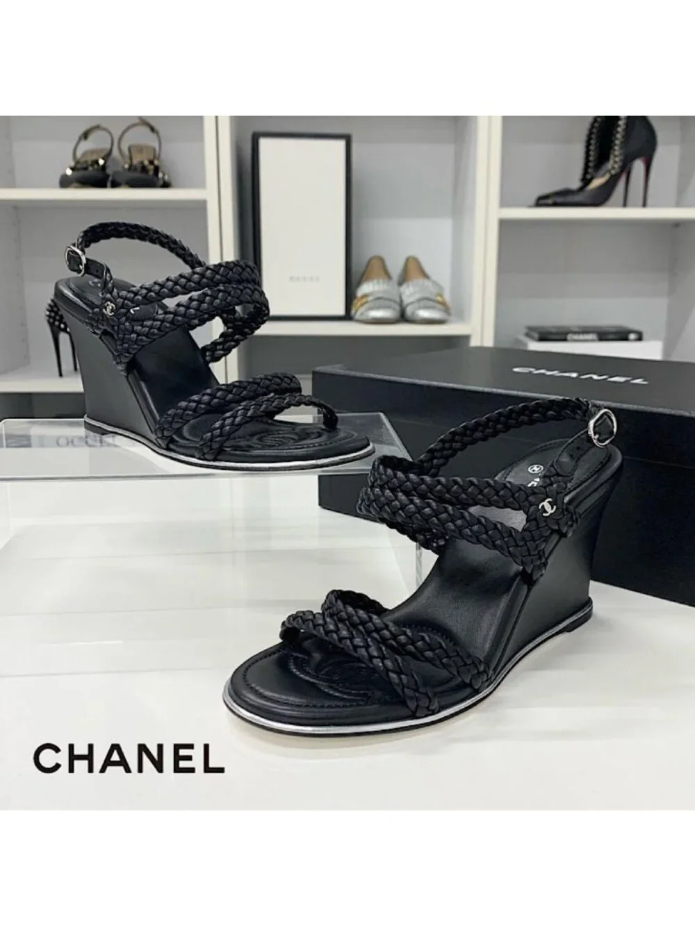 Chanel CC Logo Braided Leather Wedge Sole Sandals Black